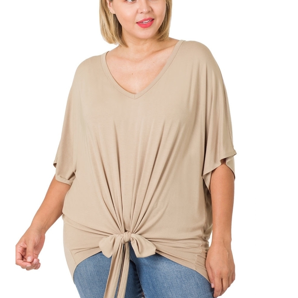 Women's Tan V-Neck Tie-Front Top